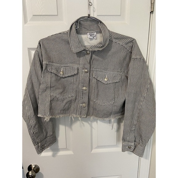 Princess Polly Denim Jacket Womens Sz 4 Crop Frayed Gray Houndstooth Cut Off - Picture 2 of 6